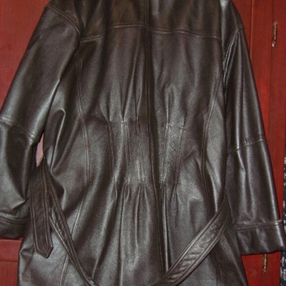 Geniune Thick Leather Long Brown Jacket-Lined with belt -2x - Picture 2 of 2
